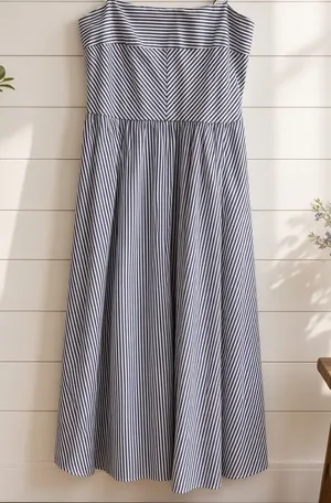 Navy White Striped Midi Dress Spaghetti Strap Size L thumbnail 1