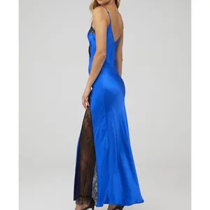 Delfi Collective Alexis Dress Size Small‎ Blue Satin Black Lace Panels Slip Maxi thumbnail 2