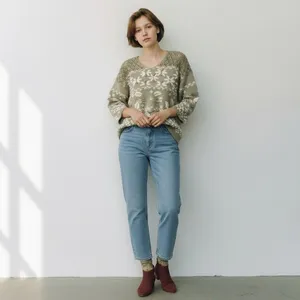 Vintage 90s Tan Floral Embroider Knit Gold poms Cottagecore Grandmacore Sweater thumbnail 8