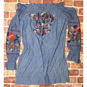 New In the Flow Design Ltd Sg Floral Embroidered Off the Shoulder Dress Size L thumbnail 1