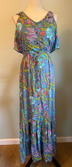 Tiare Hawaii Floral Maxi Dress Blue Pink Boho Open Button resort beach tropical thumbnail 1