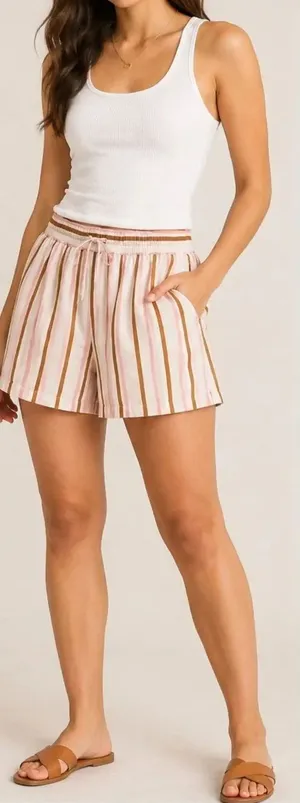 Anthropologie Striped Pull On Shorts Medium Pink Brown Casual Summer Shorts thumbnail 1