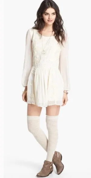 Free People Leigh Ivory Chiffon Lace Bohemian Dress Long Sleeve W-599 Sz S thumbnail 2