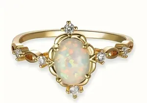 Iridescent Oval Cut Opal & Sparkling Cubic Zirconia Ring Size 7 thumbnail 1