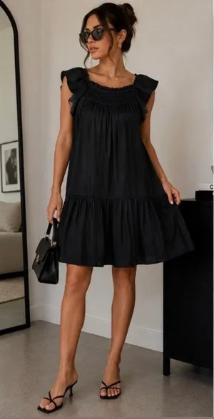 Free People Want Your Love Black Mini Dress Small Smocked Tie Back Boho Babydoll thumbnail 1