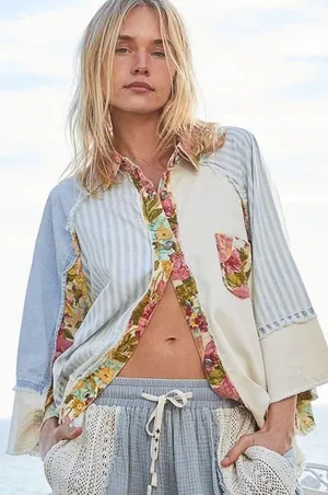 POL Womens Mixed Patchwork Floral Striped Boho‎ Oversized Button Up Shirt Size L thumbnail 1