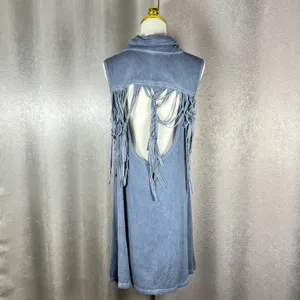 POL Womens Blue Mineral Wash Cowl Neck Fringe Open Back Sleeveless Mini Dress L thumbnail 5