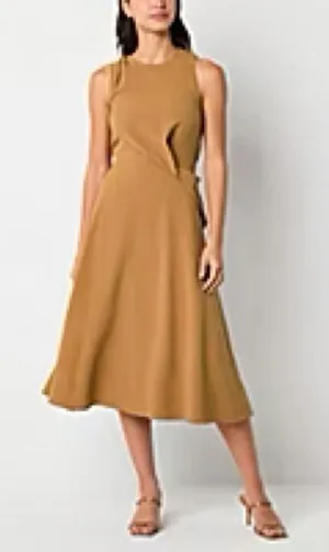 Maia Camel Sleeveless Midi Dress Draped‎ Front Size 14 thumbnail 1