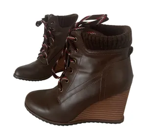 Nautica Women’s Brown Lace Up Wedge Ankle Boots Size 5.5 Knit Cuff thumbnail 1