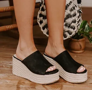 Black Faux Suede Espadrille Wedge Sandral thumbnail 1