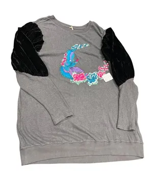 Free People wms gray black embroided art bell sleeves sweater top Sz L SKU 10779 thumbnail 1