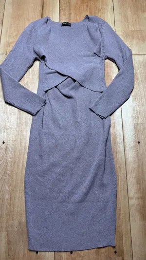 SHEIN Womens Mauve Ribbed Knit Criss Cross Wrap V-Neck Midi‎ Bodycon Dress Large thumbnail 1