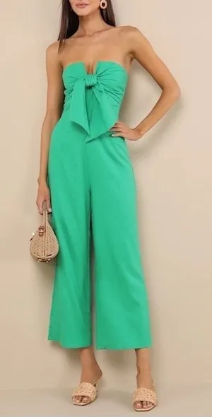 Lulus Sunshine Aura Strapless Jumpsuit Womens XL Green Lined Linen Tie-Front thumbnail 1