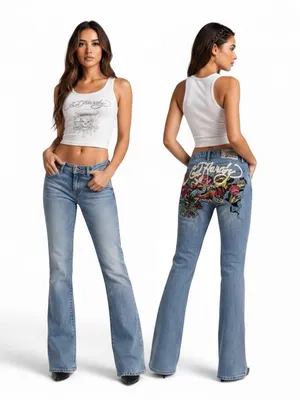 Ed Hardy Y2K Tattoo Snake Painted Tiger Koi Fish Oversized Wide Leg Jeans Sz 26 thumbnail 2