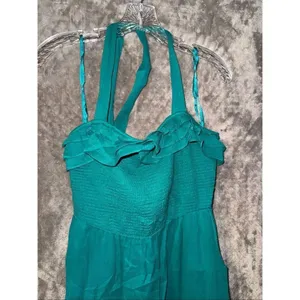 Maeve 100% Cotton Turquoise Ruffle Halter Smocked Dress Medium #784 thumbnail 3