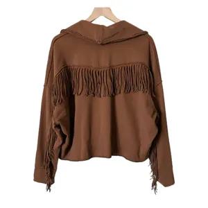 Free People Ragabond Wyatt Fringe Cardigan 100% Organic Cotton Brown Fringe XS thumbnail 3