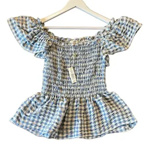Max Studio NWT blue gingham smocked bust blouse M thumbnail 2