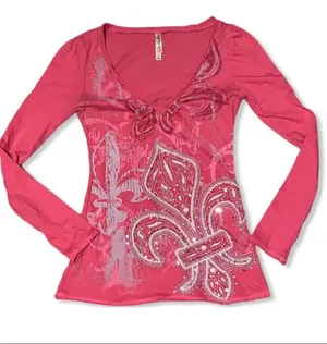 Y2K Anchor Blue Sequin Fleur de lis Long Sleeve Top Pink Small Fairy Grunge Punk thumbnail 1