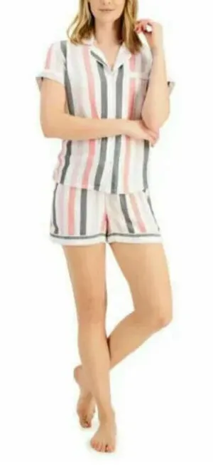 ALFANI Intimates Stripe Notched Collar Pocket Shirt Pajama Top Shorts M thumbnail 1