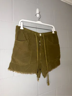 Free People Tomboy Linen Blend Raw Hem Drawstring Shorts in Army Green Sz Small thumbnail 3