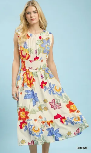 Umgee Floral Smocked Midi Dress - Cream - Large thumbnail 1