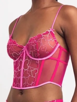 NWT SKIMS Embroidered Tulle Hearts Corset Top Size Large Pink Punch thumbnail 1