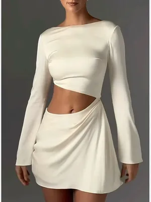 NWT Oh Polly Asymmetric Cut-out Long Sleeve Ivory Mini Dress US 0 thumbnail 1