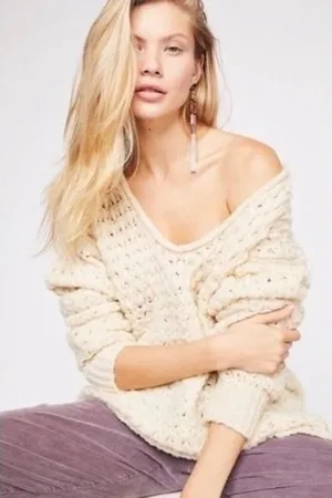 FREE PEOPLE Crashing Waves Scoop Neck Sweater Solid Cream Pullover Knit Small thumbnail 1