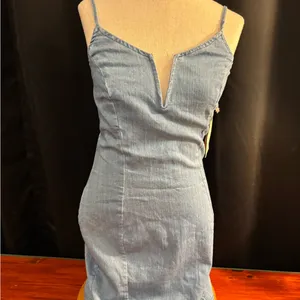 Mele E Pere Denim Mini Dress Light Wash Notched V-Neck Bodycon‎ Blue Womens M thumbnail 7
