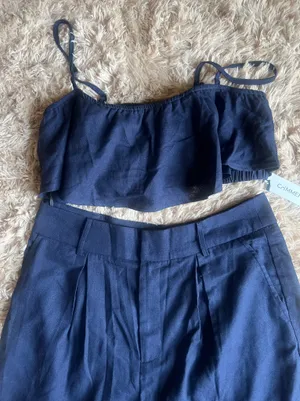 Navy Ruffled Cami Top and Wide-Leg Pants Set Linen Blend Large thumbnail 7