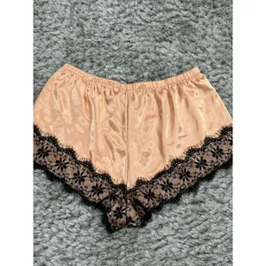 Women’s Satin Tap Shorts Black Lace Trim Lounge Sleep Pajama Pants Beige Size XL thumbnail 4