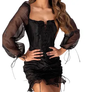 Lioness Black Corset Ruched Sheer Slv Feng Shui Lined Mini Dress Womens Medium thumbnail 2