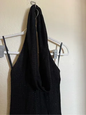Vintage Y2K Glitter Halter neck waterfall neck midi dress sz 4 black open back thumbnail 3