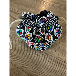 Vintage 1960s Beaded Drawstring Pouch Bag MCM Multicolor Bead Purse‎ Rockabilly thumbnail 4