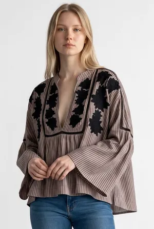 Free People Embroidered Striped Bell Sleeve Boho Blouse Beige Black Large thumbnail 1