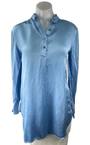 Zara Women's Blue Silk Satin Long Sleeve Henley Button Shirt Tunic Dress Size S thumbnail 1