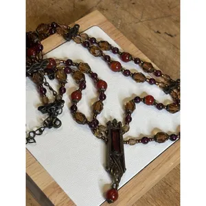 Vintage Multi-Strand Necklace With Red & Amber Beads Bronze Pendant & Chain Intr thumbnail 5