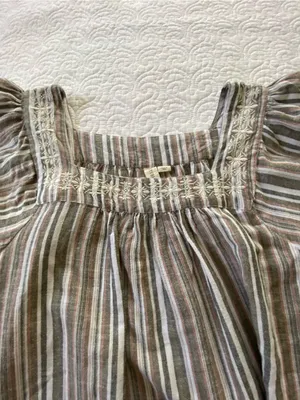 Studio West Brown Multi-Stripe Square Neck Peasant Blouse Linen and Cotton Blend thumbnail 6