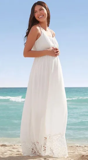 Motherhood Maternity Lace Hem Boho Maxi Dress in White size Small, NWOT thumbnail 1