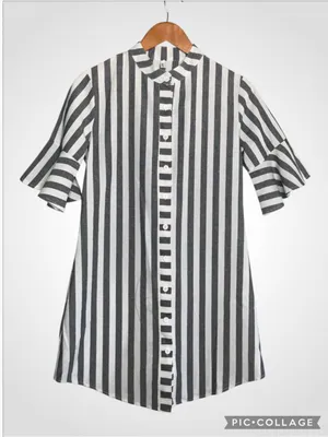 Striped Black and White Mini Dress - Casual Button-Front Small thumbnail 2