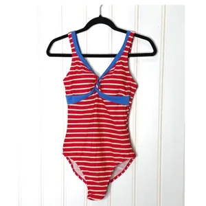 Boden Red White Striped One Piece Swimsuit Blue Trim Twist Front US 6 UK 10 thumbnail 6