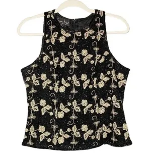 Laurence Kazar Silk Beaded Top Size Large Floral Embroidered Sleeveless Sz L thumbnail 3
