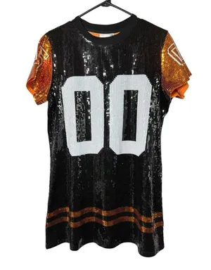 Queen Of Sparkles Black & Orange Full Sequin Jersey Dress Sz Medium thumbnail 2