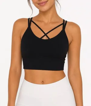 Seamless Ribbed Strappy Back Sports Bra Black XL Activewear Crop Top thumbnail 1