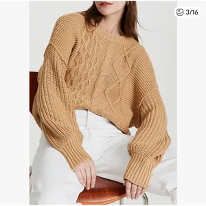 Free People Dream Cable Knit Oversized Sweater Camel NWT Size S‎ Crewneck thumbnail 3