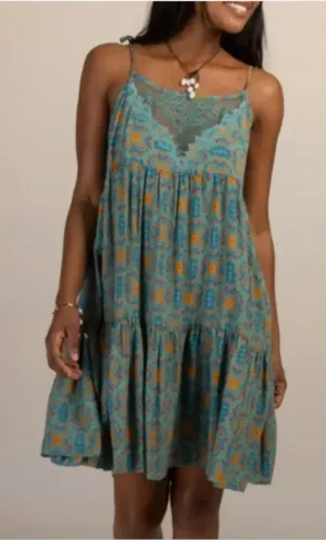 Natural Life Sleeveless Lace Inset Tiered Mini Dress Floral Teal Orange Medium thumbnail 1