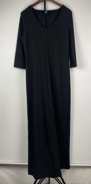 Boston‎ Proper Black Slinky Goth V-Neck 3/4 Sleeve Back Slit Midi Dress Size M thumbnail 1