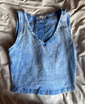 Cropped cotton denim tank Blue thumbnail 1