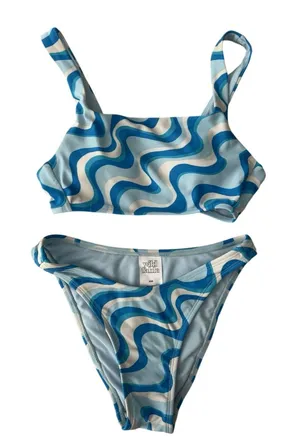 Wild Fable Blue Wavy Psychedelic Print‎ Bikini Set Square Neck High Leg Size XXS thumbnail 1