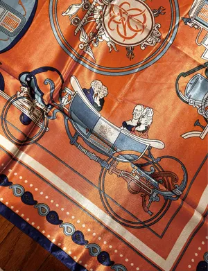 Vintage Equestrian HORSE&CARRIAGE print orange/blue oversized silky Scarf 35/35 thumbnail 4